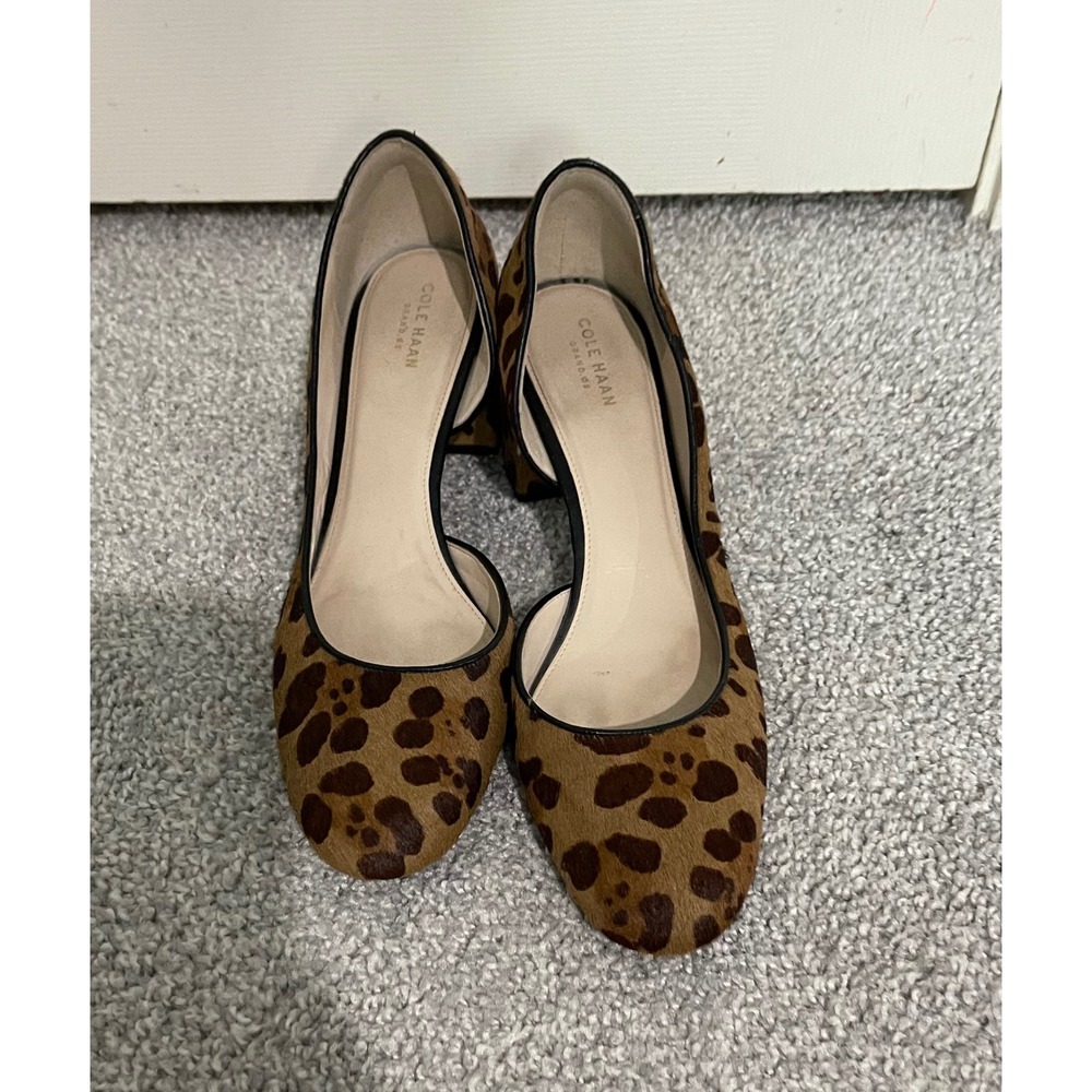 Cole Haan 10.5 Leopard Print Calf Hair D'Orsay Block Heel Round Toe Pumps Brown - Picture 5 of 8
